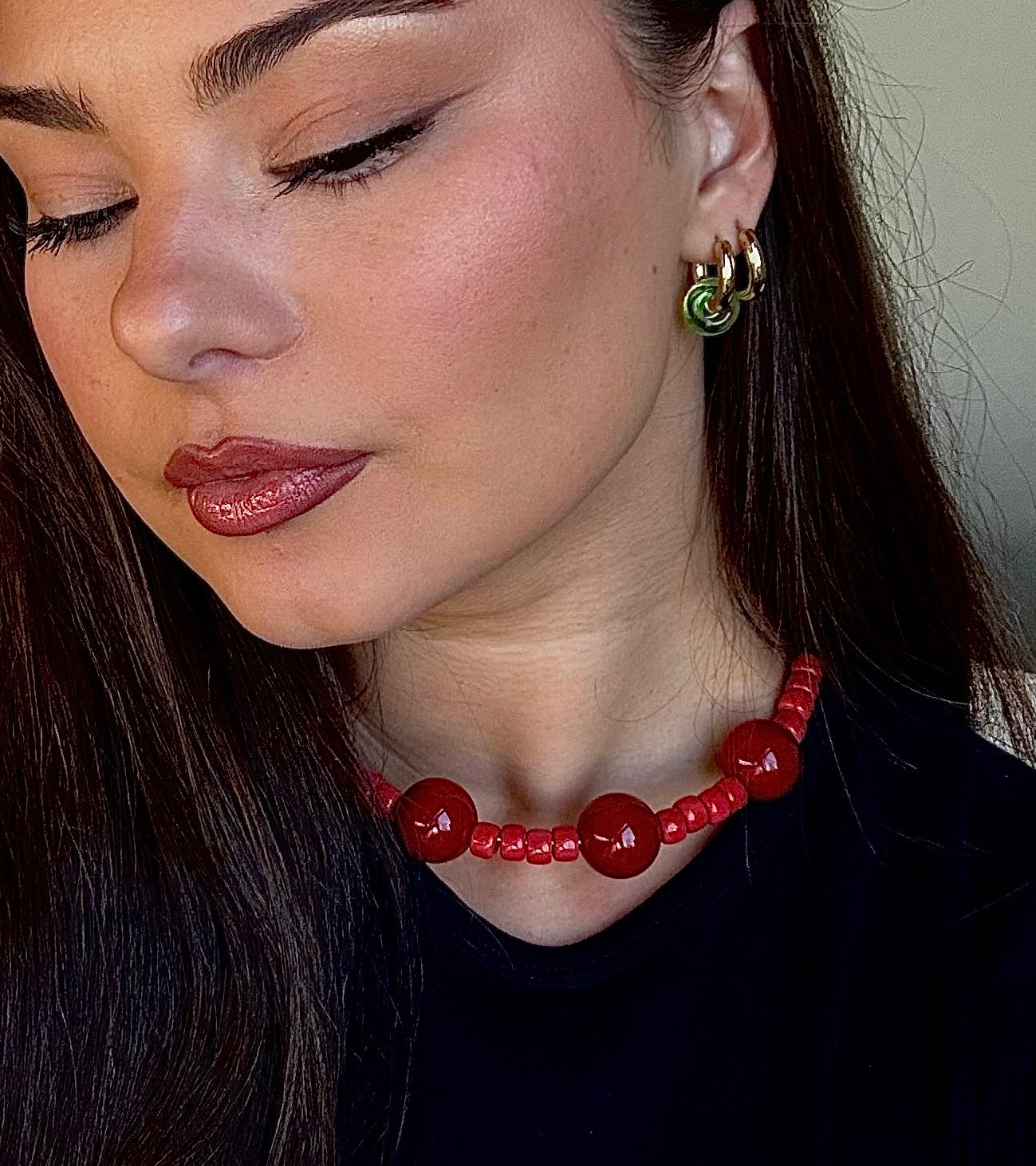 
The Cherry Baby – Gold Filled Choker with Red Coral & Cherry Resin Beads